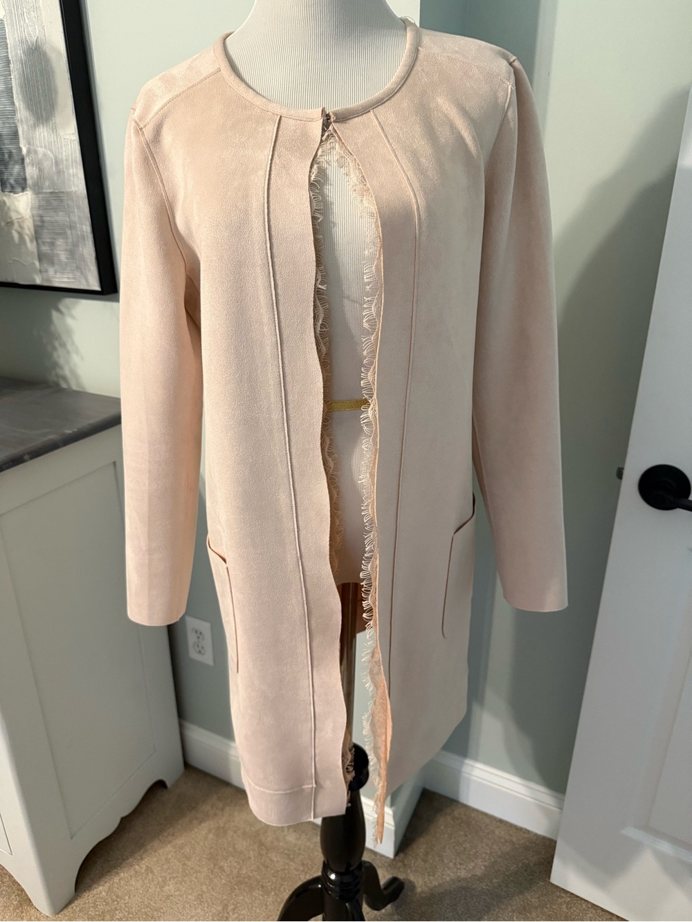 Lovely Suede and lace Elegant Women's Long Open Front Coat in Blush Pink